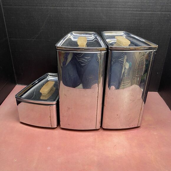 Lincoln BeautyWare MCM Retro 3 Canister Set with 3 Lids Vintage Stainless Steel - Picture 2 of 16